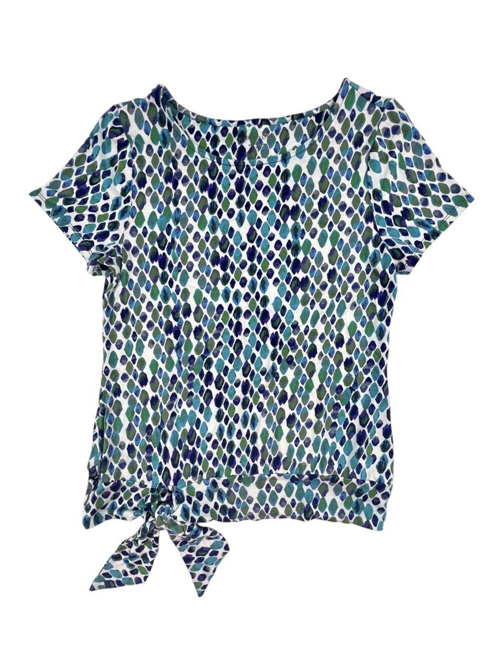 Coldwater Creek Top Blue Green Print Summer Short Sleeve Tie Hip Womens XS